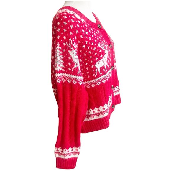 Old Navy NWT Women's Alpine Fair Isle Cardigan Sweater L Deer Trees Red White - Picture 6 of 12